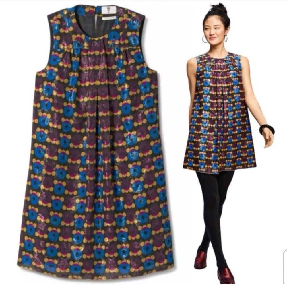 Anna Sui Sleeveless Mini Dress in Blue, Purple & Gold Floral Print